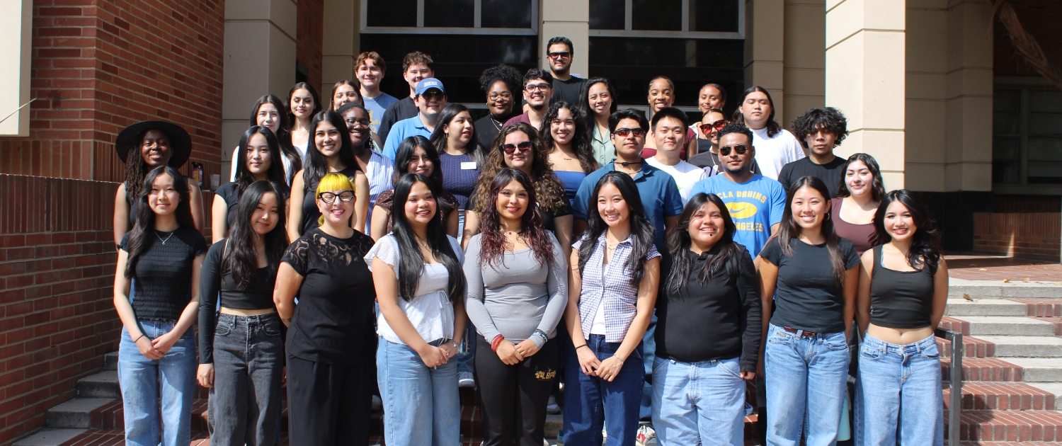 CCCP Peer Advisors Large group of students pose together on the steps outside UCLA Campbell Hall.