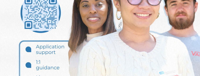 Flyer for the 2026–2027 UCLA CCCP Scholars Program promoting “Application Assistance Lounges.” The flyer features three smiling students standing together on the right side. On the left, large blue text reads “Application Assistance Lounges” above a QR code. A text box lists services including application support, one-on-one guidance, and live feedback. Sessions are held every Monday from 12 PM to 1:30 PM through June 8, 2026. UCLA Center for Community College Partnerships logos appear at the bottom.