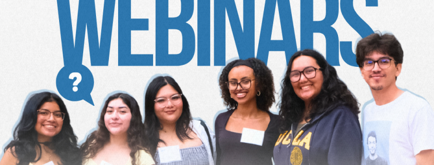 Flyer for the 2026–2027 UCLA CCCP Scholars Program advertising “Info Webinars.” Large blue text in the center reads “INFO WEBINARS,” surrounded by speech bubble graphics with question marks and a QR code. Along the bottom, six students stand together smiling. Event details state that webinars are held every Thursday from 5 PM to 6:30 PM through June 4, 2026. Additional text says participants can learn about summer experiences, program requirements, benefits, and transfer support resources. The webinars are open to current and prospective California community college students. UCLA Center for Community College Partnerships logos appear at the bottom.