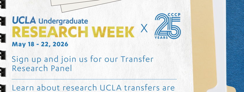 Graphic promoting UCLA Undergraduate Research Week in collaboration with CCCP’s 25th anniversary. The flyer features a notebook-style design with a polaroid photo of a student research event and a QR code labeled “Scan Here to Sign Up.” Text reads: “UCLA Undergraduate Research Week, May 18–22, 2026” and invites students to join a Transfer Research Panel to learn about research opportunities, labs that recruit transfer students, and transfer student experiences at UCLA. The event is open to current community college students, admitted transfers, and current UCLA students, including both STEM and non-STEM majors.