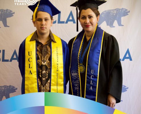 Villy B. poses beside her in front of a UCLA backdrop. Both wear graduation caps, gowns, and blue-and-gold stoles. The graphic includes the CCCP 25 Years logo and identifies Villy B. as Class of 2020 and MSHCM Class of 2022, with studies in sociology, global health and global studies, and healthcare management.