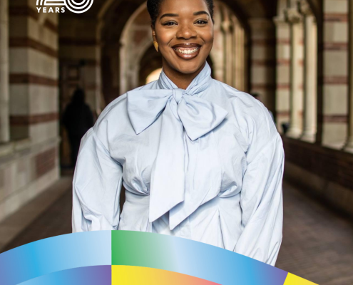 Aurelia Rhymer ’19 smiles beneath a UCLA campus archway in a light blue blouse. The graphic includes the CCCP 25 Years logo, her Anthropology major, and the UCLA logo.