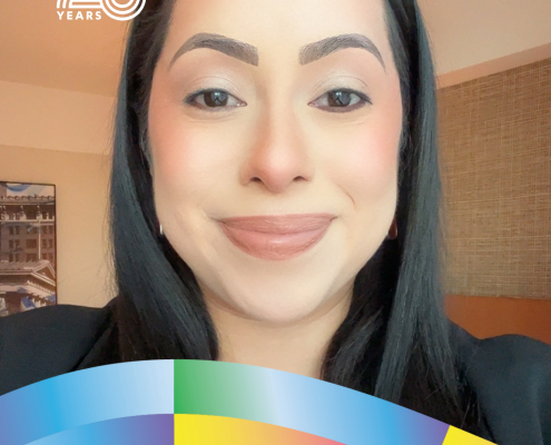 Aranzazu Medellin Guerrero ’13, M.A. ‘20 smiles in a close-up portrait. The CCCP 25 Years graphic identifies her fields of study as American Literature & Culture and Chicana/o Studies.