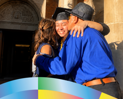 Andrea Arias, UCLA English Literature class of 2020, smiles while embracing two loved ones outside a campus building after graduation in a CCCP 25th anniversary–branded alumni graphic.