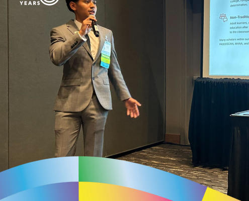 Nate Hoffman, UCLA Communication class of 2024, speaks into a microphone beside a presentation screen in a CCCP 25th anniversary–branded alumni graphic.