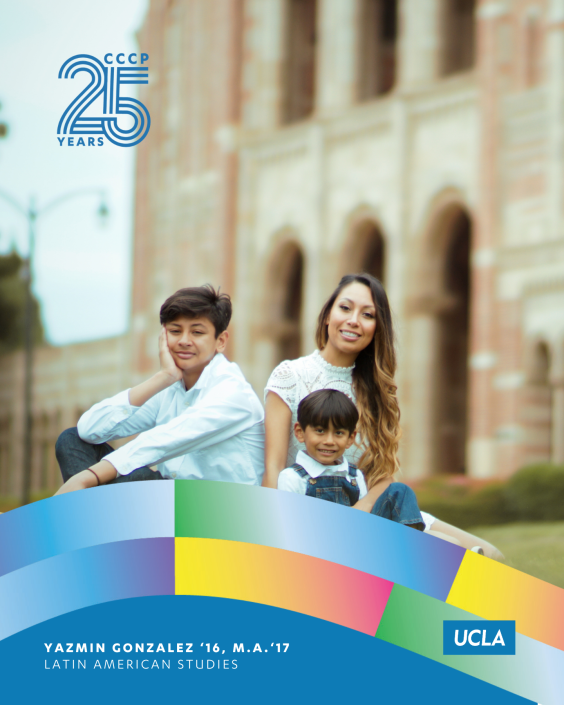 Yazmin Gonzalez, UCLA Latin American Studies class of 2016 and M.A. class of 2017, sits outdoors with two children near a campus building.