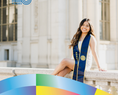 Ariana Reyes-Ramirez, UCLA Ethnic Studies and Education class of 2021, poses in a graduation stole outside a campus building.