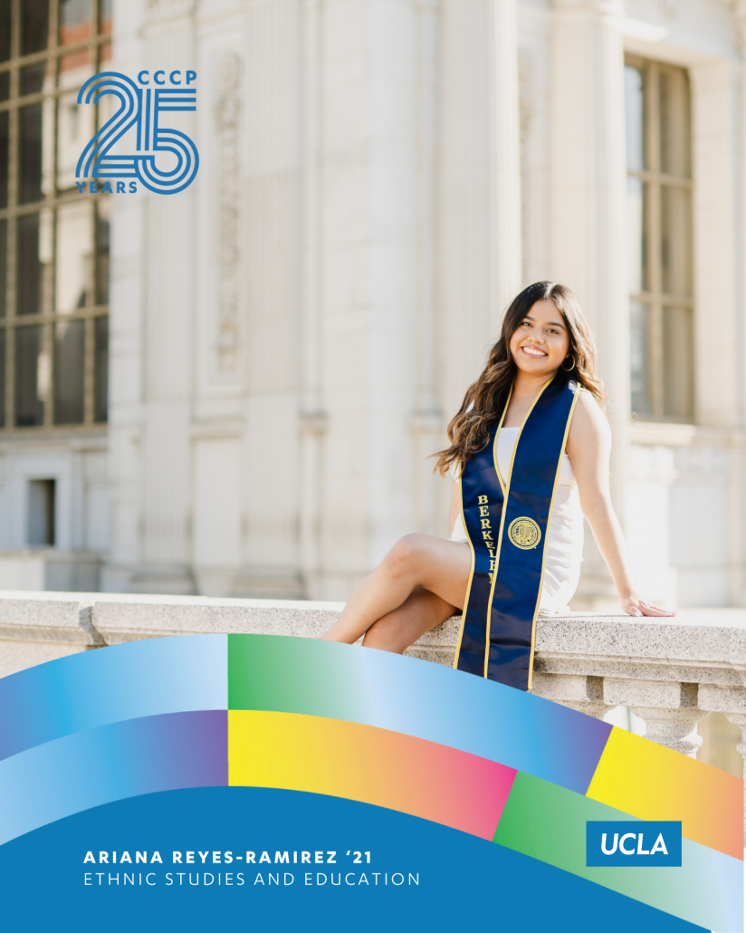Ariana Reyes-Ramirez, UCLA Ethnic Studies and Education class of 2021, poses in a graduation stole outside a campus building.