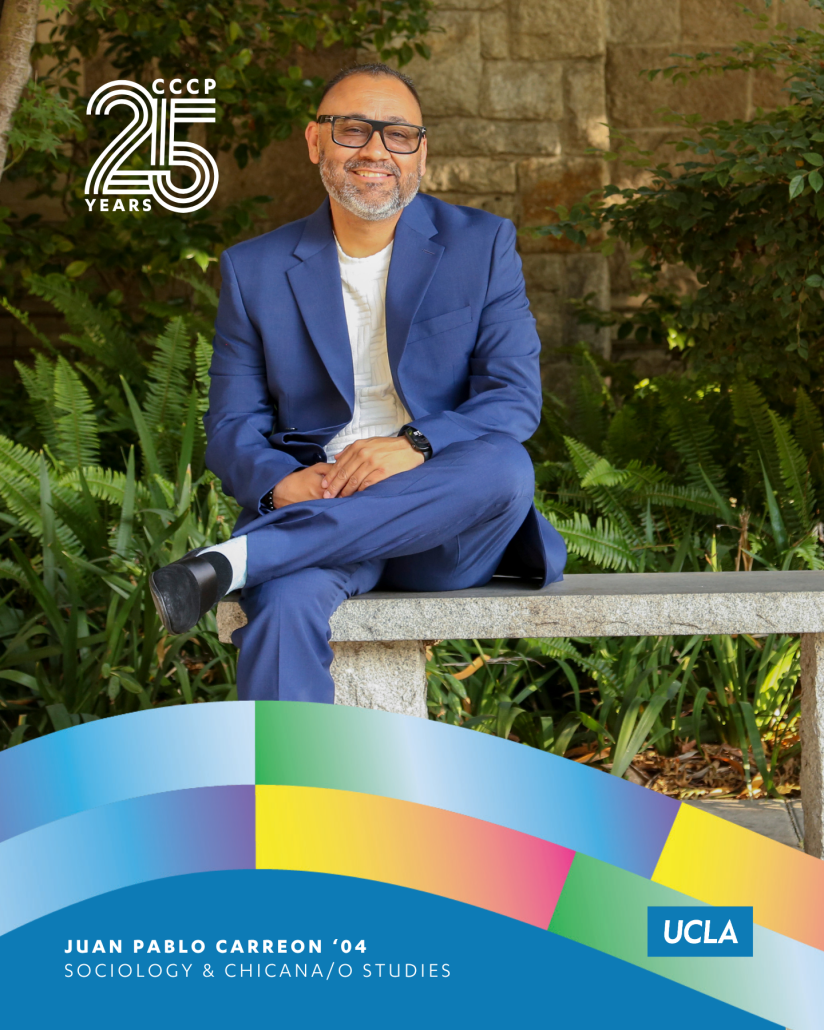 Juan Pablo Carreon, UCLA Sociology and Chicana/o Studies class of 2004, sits on a bench in a garden for CCCP’s 25th anniversary alumni campaign.