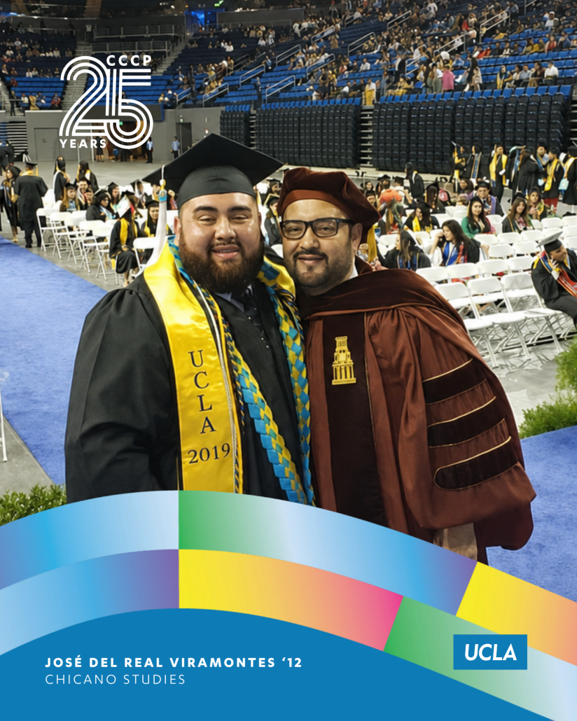 José Del Real Viramontes, UCLA Chicano Studies class of 2012, poses with a graduate during a UCLA commencement ceremony.