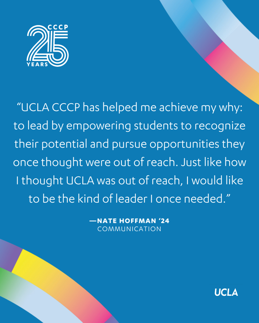 Graphic featuring the CCCP 25 Years logo and a quote from Nate Hoffman ’24 about CCCP helping him empower students to recognize their potential, pursue opportunities, and become the kind of leader he once needed. His field of study, Communication, appears below the quote.