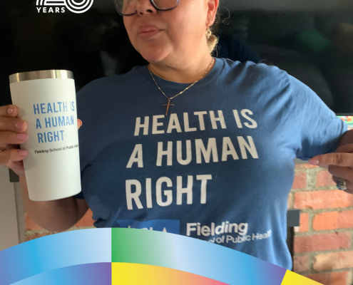 Magali Sanchez-Hall, UCLA Chicana/o Studies and Public Policy alumna, holds a mug while wearing a shirt that reads, “Health is a human right,” in a CCCP 25th anniversary–branded alumni graphic.